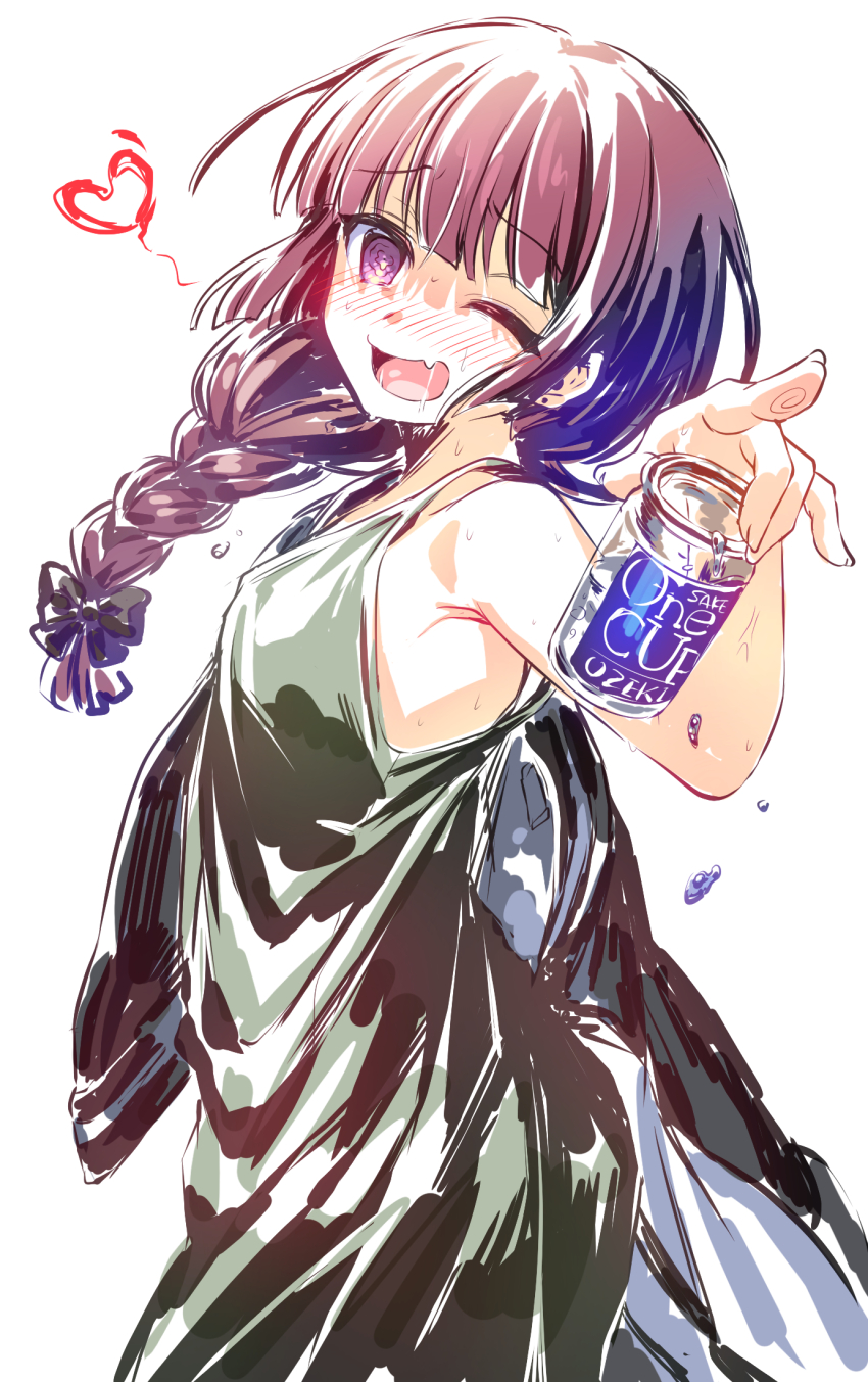 1girl armpits beer_can blunt_bangs blush bocchi_the_rock! bow braid breasts can commentary_request cowboy_shot dress drink_can fang fingerprint green_dress hair_bow hair_over_shoulder hand_up heart highres hiroi_kikuri holding holding_can jacket jacket_partially_removed long_hair looking_at_viewer one_eye_closed open_mouth purple_eyes purple_hair simple_background single_braid skin_fang sleeveless sleeveless_dress small_breasts smile solo sweat wada_chiyon white_background