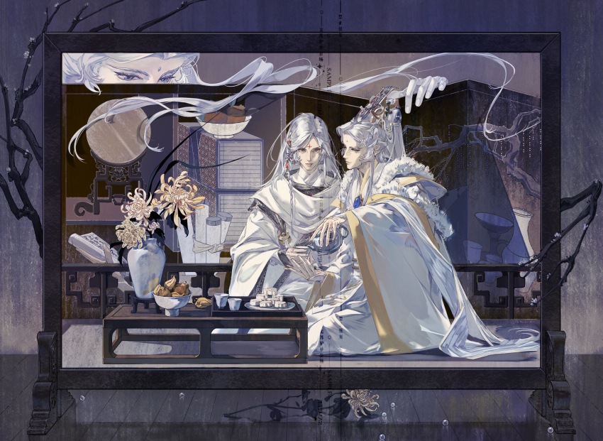 2boys absurdres beads blue_gemstone bowl braid branch chinese_clothes closed_mouth cup curtained_hair facial_mark floating_hair flower food fur_trim gem hair_ornament hair_pulled_back hanfu high_ponytail highres holding holding_scroll holding_teapot huadian jinguang_budaixi kneeling layered_sleeves long_hair long_sleeves looking_ahead looking_at_another looking_down male_focus moranhuishouquandoushigou multiple_boys multiple_views parted_bangs parted_hair parted_lips picture_frame ponytail qiao_rulai que_zhou_yi_fan_du sample_watermark scroll side_braid sleeves_past_wrists solo straight-on teapot teeth three_quarter_profile three_quarter_view vase watermark white_hair white_hanfu white_sleeves wide_sleeves xiao_guan_(headdress) yellow_eyes yellow_flower