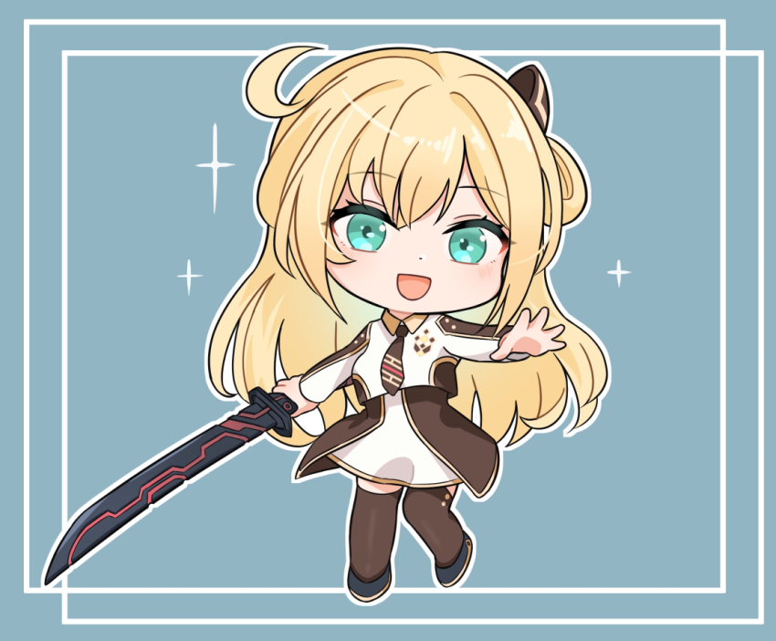 :d ahoge black_thighhighs blonde_hair blush chibi dress duel_monster green_eyes hair_ornament heichi holding holding_sword holding_weapon long_hair necktie open_mouth outstretched_arm sidelocks sky_striker_ace_-_raye smile sword thighhighs two-tone_dress weapon yu-gi-oh! yu-gi-oh!_master_duel zettai_ryouiki