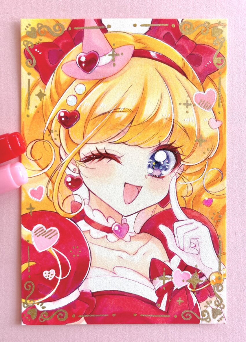 1girl :d absurdres art_tools_in_frame asahina_mirai blonde_hair border bow bow_choker choker cure_miracle cure_miracle_(ruby_style) dress frilled_choker frills gloves hair_bow hairband hat highres index_finger_raised kashitani_futaba long_hair magical_girl mahou_girls_precure! mini_hat one_eye_closed open_mouth pink_hat precure puffy_short_sleeves puffy_sleeves purple_eyes red_dress short_sleeves smile solo traditional_media twintails upper_body white_gloves witch_hat