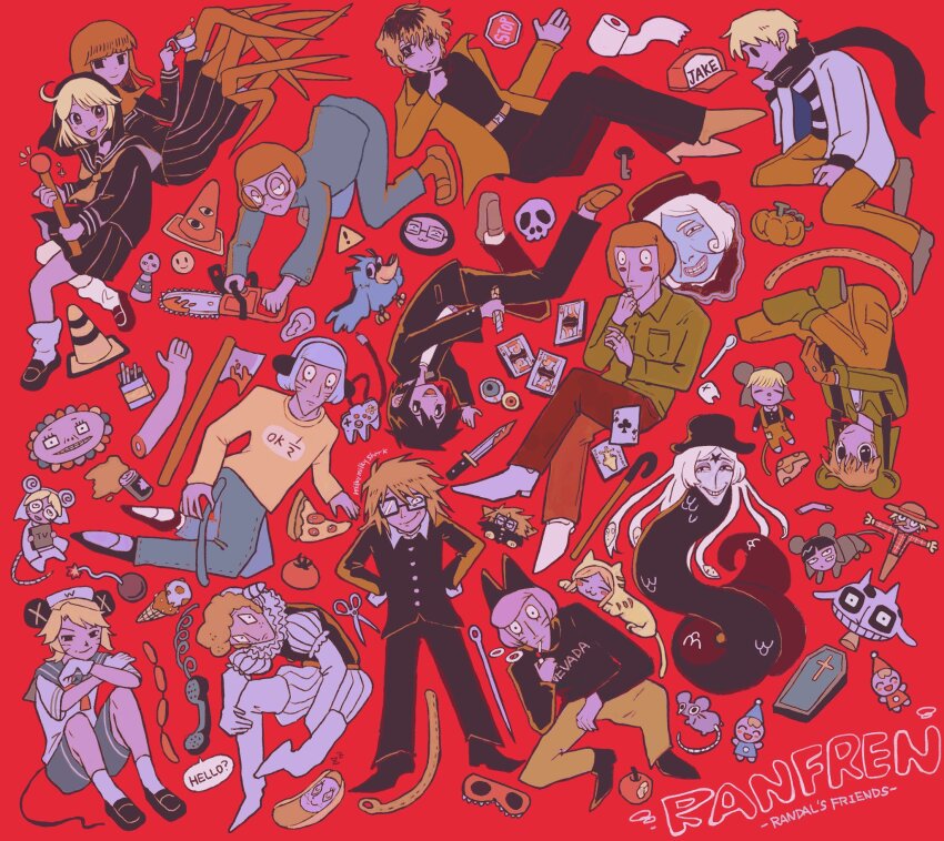 4girls 6+boys aged_down arachne arthropod_girl avalona coat dream_luther etheral_q everyone flowerman_(randal&#039;s_friends) gakuran glasses highres hitchhiker_a_(randal&#039;s_friends) hitchhiker_b_(randal&#039;s_friends) human_head insect_girl kinder_surprised_michael_jr. kitty_carpet_(randal&#039;s_friends) looking_at_viewer luther_von_ivory milkymilkyshark monster_girl mouse_boy mouse_hat mouse_tail multiple_boys multiple_girls nana_(randal&#039;s_friends) nyen_(randal&#039;s_friends) nyon_(randal&#039;s_friends) present_day_problem_takeuchi_robert randal&#039;s_friends randal_ivory ratman_3_(randal&#039;s_friends) ratman_4_(randal&#039;s_friends) ratman_5_(randal&#039;s_friends) red_background sailor scarecrow_kid_(randal&#039;s_friends) school_uniform sebastian_de_tomato_smith_chicken_legs serafuku simple_background snake_girl spider_girl spider_girl_(randal&#039;s_friends) tail taur tsukada_satoru