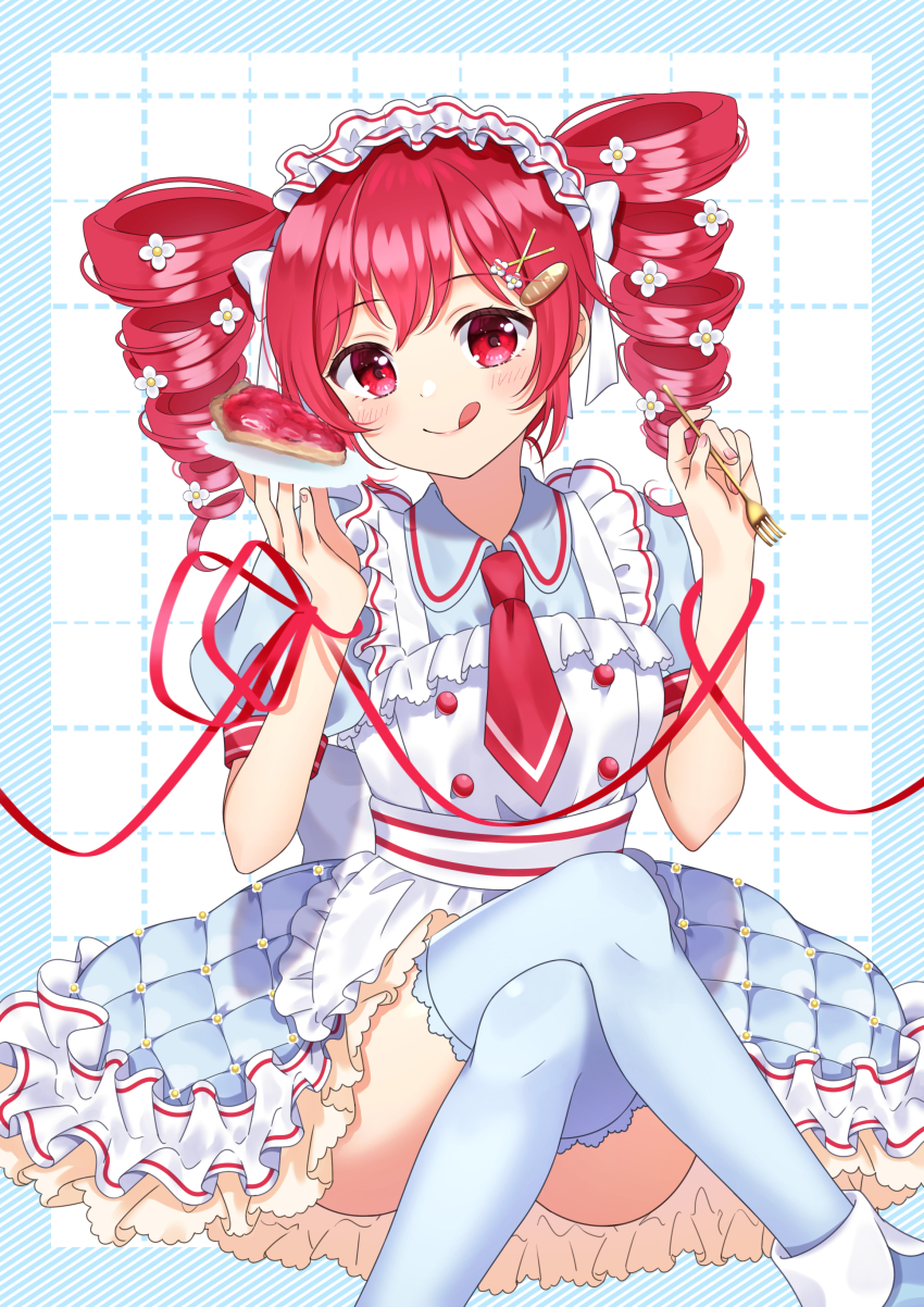 1girl absurdres apron back_bow blush bow bread_hair_ornament collared_dress crossed_legs dress drill_hair flower food food-themed_hair_ornament fork frilled_dress frills hair_flower hair_ornament hairclip highres holding holding_fork holding_plate kasane_teto looking_at_viewer maid_headdress pie pie_slice plate quilted_clothes red_eyes ribbon rooibos short_sleeves smile solo thighhighs tongue tongue_out twin_drills utau wrist_ribbon x_hair_ornament