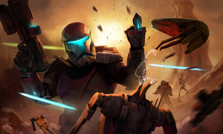 4boys absurdres b1_battle_droid boss_(star_wars) droid electricity gun helmet highres holding holding_gun holding_weapon laser multiple_boys signature star_wars star_wars:_republic_commando tom_stockman weapon