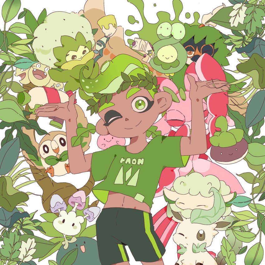 1girl ;) alolan_exeggutor alolan_form black_shorts bounsweet budew closed_mouth company_connection cottonee cowboy_shot crossover dark-skinned_female dark_skin decidueye eldegoss existerivan fingernails gen_1_pokemon gen_2_pokemon gen_4_pokemon gen_5_pokemon gen_7_pokemon gen_8_pokemon green_eyes green_pupils green_shirt green_theme hands_up head_tilt head_wreath highres hoppip inkbrush_(splatoon) inkling_(language) leaf leafeon light_green_hair looking_at_viewer lurantis mohawk morelull navel nintendo octoling octoling_girl octoling_player_character oddish one_eye_closed paint_splatter plant pokemon pokemon_(creature) rowlet sharp_fingernails shirt short_hair short_sleeves shorts simple_background smile splatoon_(series) splatoon_3 splattershot_(splatoon) splattershot_jr._(splatoon) split_mouth suction_cups t-shirt tentacle_hair white_background