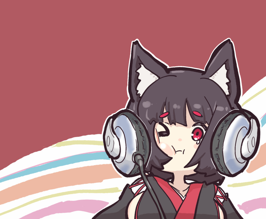 &gt;_o 1girl :i animal_ears azur_lane black_hair black_kimono breasts cat_ears headphone_cat_(meme) headphones highres himajin_(fd_jin) implied_extra_ears japanese_clothes kimono looking_at_viewer medium_breasts meme one_eye_closed pout red_background short_hair sideboob simple_background solo upper_body yamashiro_(azur_lane)