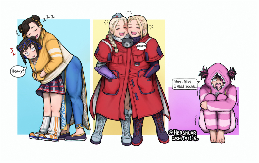 5girls barefoot blonde_hair boots cammy_white capcom cat cheek-to-cheek chun-li cold cosplay decapre double_bun english_text flats hair_bun han_juri heads_together hershuar hug hug_from_behind kigurumi li-fen multiple_girls official_alternate_costume shared_clothes shared_coat shoes sneakers speech_bubble squeans street_fighter street_fighter_6 street_fighter_iv_(series) trembling
