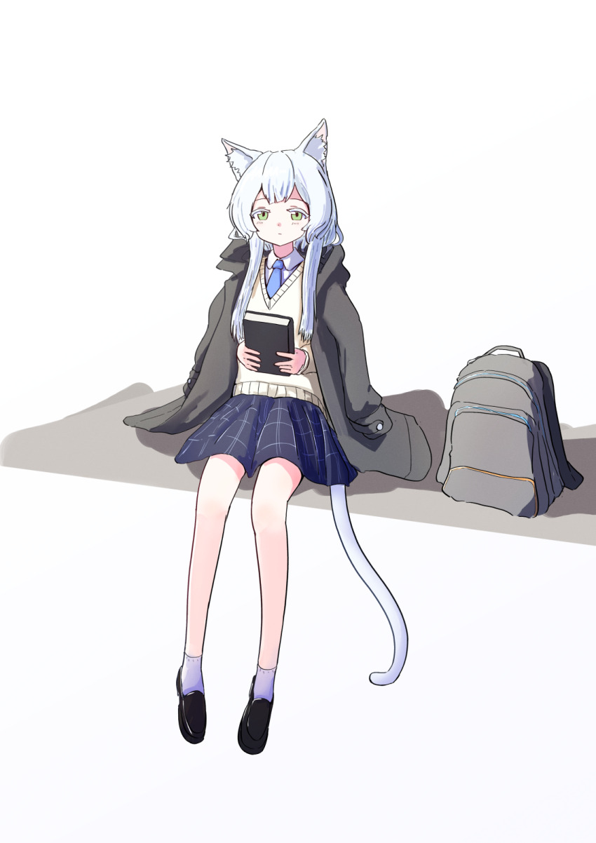 1girl animal_ear_fluff animal_ears arknights backpack bag black_jacket black_skirt blue_necktie book closed_mouth collared_shirt colored_eyelashes commentary_request expressionless full_body gradient_background green_eyes grey_background highres holding holding_book jacket kiyu_es335 long_hair long_sleeves looking_at_viewer miniskirt necktie partial_commentary rosmontis_(arknights) shirt sitting skirt solo sweater_vest tail white_background white_hair white_shirt white_tail yellow_sweater_vest