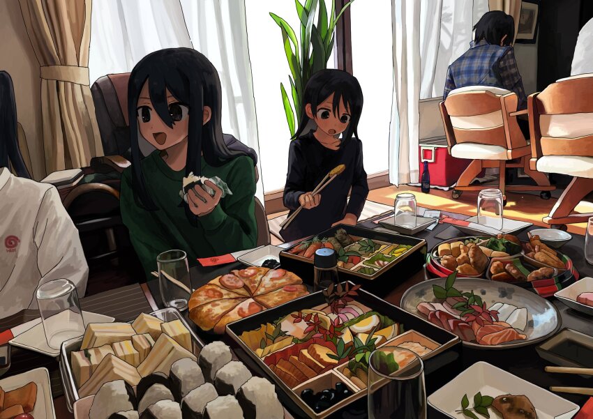 1boy 1other 3girls :d black_eyes black_hair black_shirt blush chair chopsticks commentary_request cooler cup curtains drinking_glass food glass_bottle green_shirt hair_between_eyes highres holding holding_food indoors long_sleeves looking_at_food meal meat multiple_girls obon_(ensoku_300en) onigiri open_mouth original plaid_clothes plaid_shirt plant plate potted_plant rug sandwich shirt sitting sliding_doors smile soy_sauce_bottle table twintails white_shirt