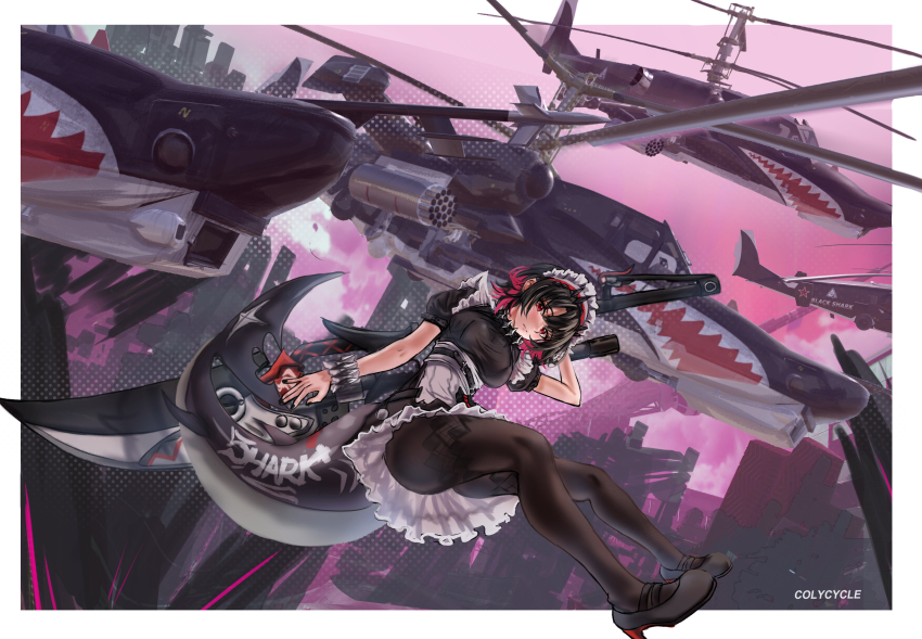 1girl absurdres aircraft attack_helicopter black_dress black_hair black_pantyhose colycycle dress dutch_angle ellen_joe full_body helicopter highres kamov_ka-50 maid maid_headdress military_vehicle missile_pod name_connection nose_art pantyhose shark_girl shark_nose_art shark_print soviet_army war_thunder zenless_zone_zero