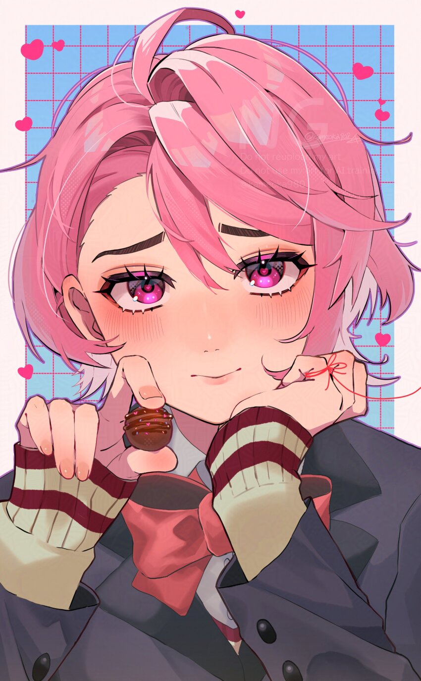 1girl absurdres adversarial_noise ahoge artist_name black_jacket blazer blue_background blush border bow bowtie candy chocolate close-up closed_mouth collared_shirt commentary dandadan dress_shirt embarrassed eyelashes food grid grid_background hair_between_eyes halftone hand_on_own_cheek hand_on_own_face hands_up heart heart-shaped_pupils highres holding holding_candy holding_chocolate holding_food incoming_food jacket kameoka908 light_smile long_sleeves looking_at_viewer loose_hair_strand outside_border pink_eyes pink_hair portrait raised_eyebrows red_bow red_bowtie red_trim school_uniform shiratori_aira_(dandadan) shirt short_hair signature sleeves_past_wrists smile solo string string_of_fate sweater swept_bangs symbol-shaped_pupils thick_eyebrows twitter_username upturned_eyes valentine watermark white_border white_shirt yellow_sweater