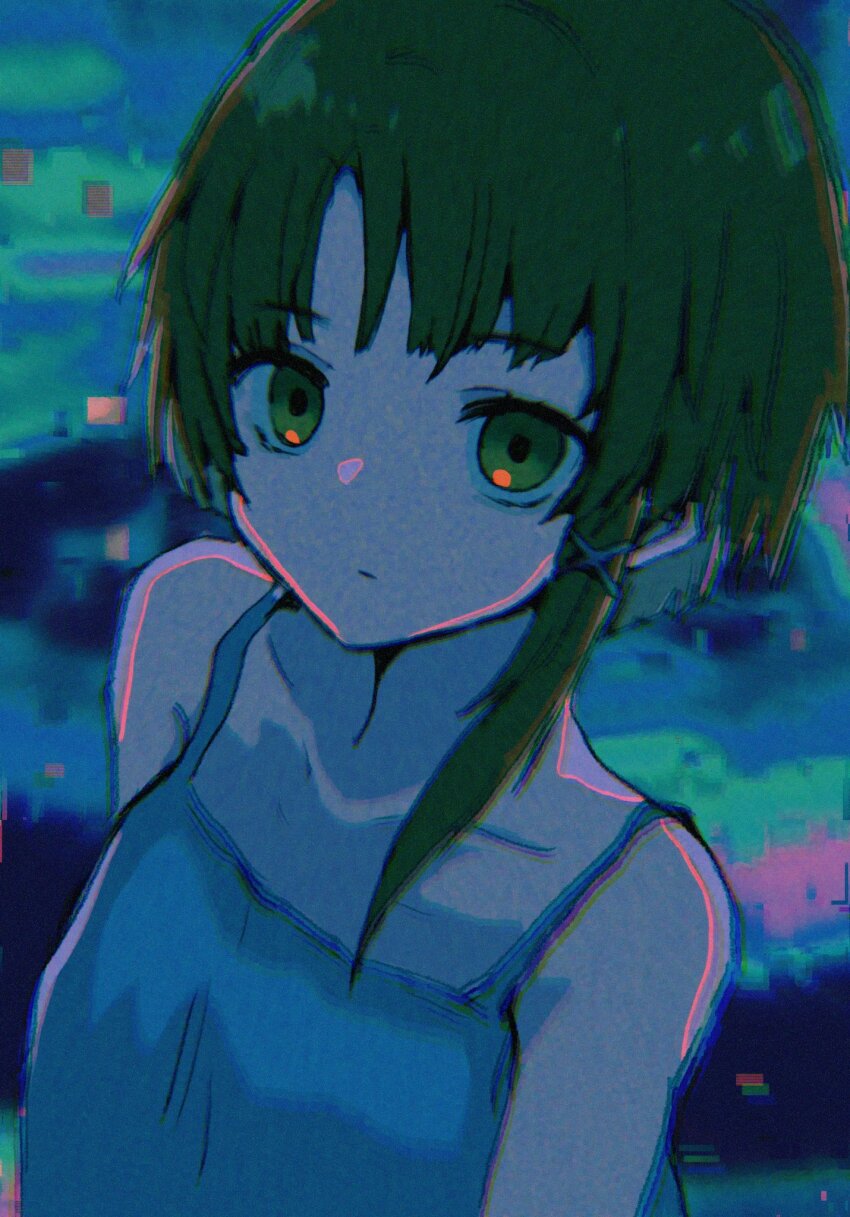 1girl bare_shoulders chromatic_aberration closed_mouth expressionless film_grain green_eyes hair_ornament highres iwakura_lain looking_at_viewer nanami_yuki_(yuki77mi) serial_experiments_lain short_hair_with_long_locks single_sidelock solo spaghetti_strap upper_body x_hair_ornament