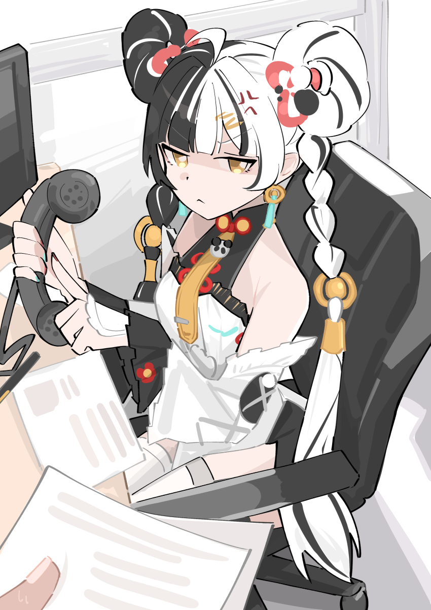 1girl 1other absurdres ahoge anger_vein aqua_nails bare_shoulders black_hair braid braided_twintails chair china_dress chinese_clothes closed_mouth commentary_request corded_phone desk dialyn_(zenless_zone_zero) dress earrings hair_extensions hair_intakes highres holding holding_paper holding_phone indoors jewelry long_hair looking_at_viewer monitor multicolored_hair multicolored_nails necktie office_chair on_chair out_of_frame paper phone pov pov_hands red_nails ring_hair_extensions sitting split-color_hair sweat swivel_chair thighhighs white_hair white_thighhighs yellow_eyes yellow_necktie zenless_zone_zero zp_(276878679)