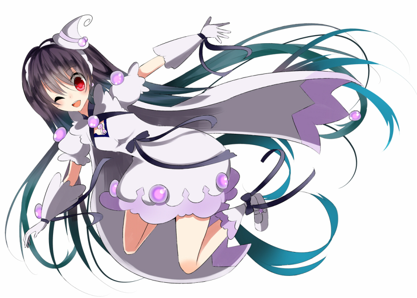 10s 1girl bad_id bad_pixiv_id boots bow bubble_skirt cape dress female_focus fujiyama_ichiha full_body gloves hat kazumi_(madoka_magica) long_hair magical_girl mahou_shoujo_kazumi_magica mahou_shoujo_madoka_magica one_eye_closed open_mouth red_eyes skirt smile solo spoilers very_long_hair white_background witch_hat