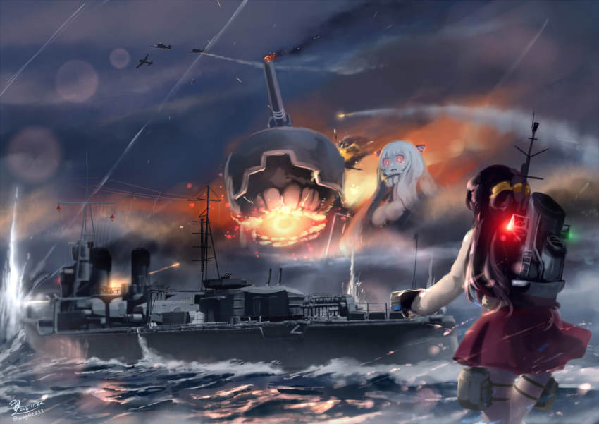10s 2girls aircraft airfield_princess airplane destroyer from_behind funnel_(tool) giant giantess glowing glowing_mouth historical_name_connection huge_giantess kantai_collection military military_vehicle multiple_girls naganami_(kancolle) name_connection object_namesake ocean personification projectile_trail radio_antenna ship ship_turret smoke smoke_trail smokestack stormy_waters torpedo tracer_ammunition tsubasa_(abchipika) vehicle_and_personification vehicle_focus warship water watercraft