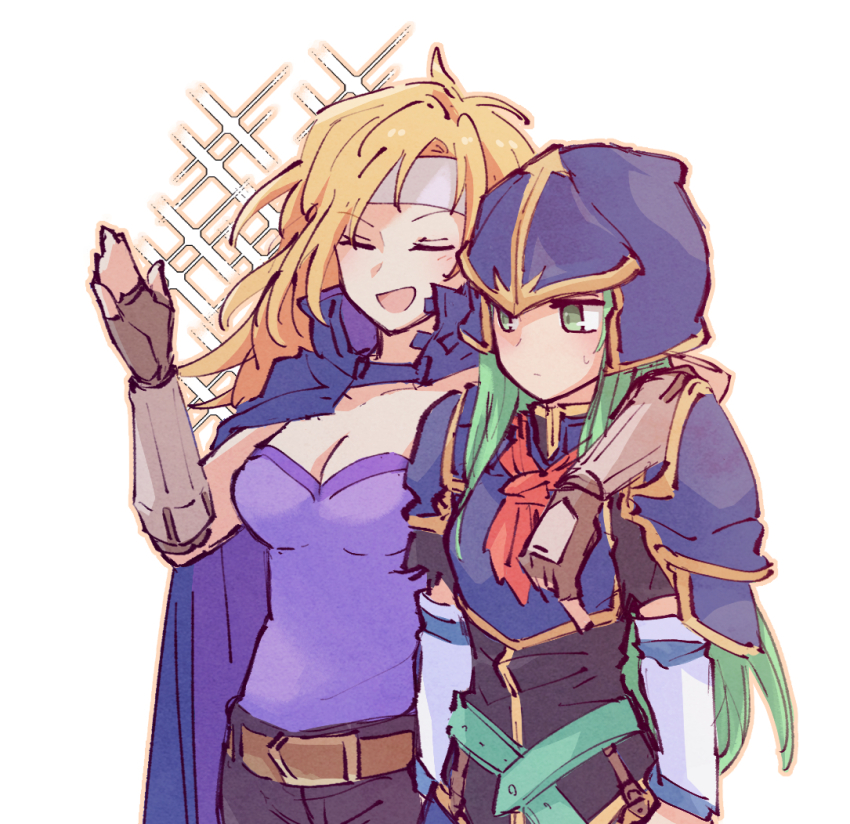 2girls alonemistrist arm_around_shoulder armor blonde_hair breasts brown_gloves cape cleavage closed_eyes closed_mouth commentary english_commentary fingerless_gloves fire_emblem fire_emblem:_radiant_dawn gloves green_eyes green_hair headband heather_(fire_emblem) helmet multiple_girls nephenee_(fire_emblem) nintendo open_mouth purple_cape purple_shirt shirt shoulder_armor sweatdrop upper_body white_background white_headband