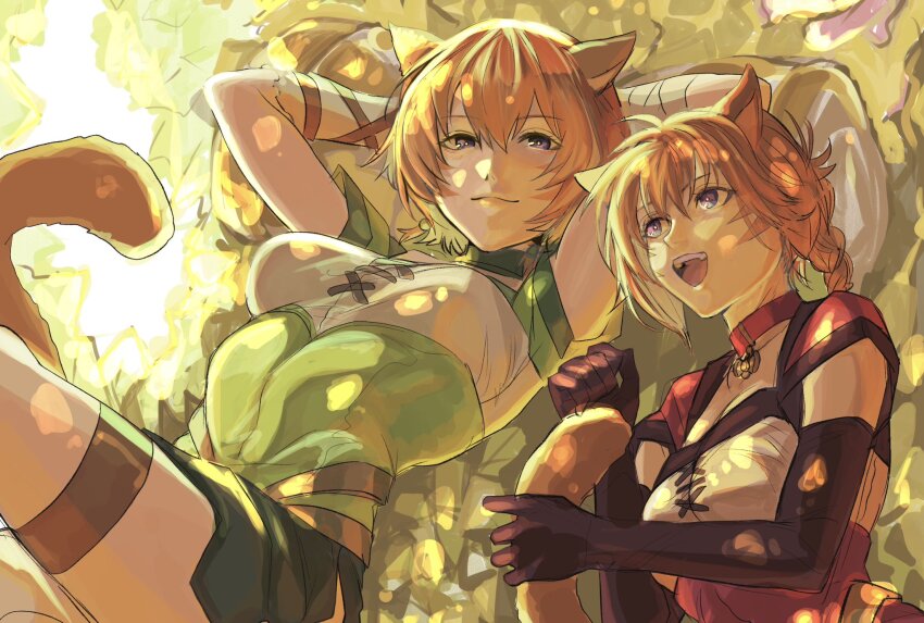 2girls animal_ears arms_behind_back braid braided_ponytail cat_ears cat_girl choker elbow_gloves fire_emblem fire_emblem:_radiant_dawn gloves highres holding_own_tail laguz_(fire_emblem) lethe_(fire_emblem) looking_at_viewer lyre_(fire_emblem) multiple_girls nintendo open_mouth orange_hair ponytail purple_eyes short_hair short_ponytail siblings sisters sutekina_yari tail