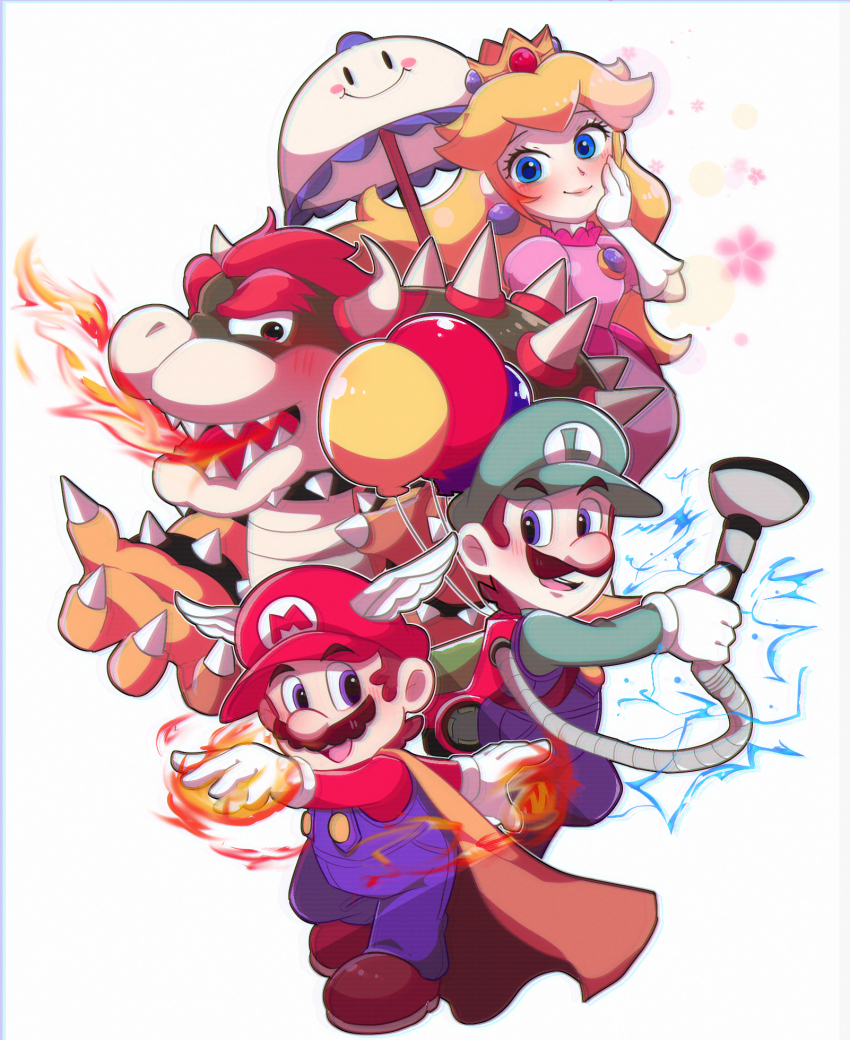1girl 3boys balloon blonde_hair blue_eyes bowser brown_hair cape cape_mario claws crown dress facial_hair fire fire_mario gloves grin hat highres horns luigi luigi&#039;s_mansion luigi&#039;s_mansion_3 mario mario_(series) multiple_boys mustache nintendo open_mouth perry_(mario) pink_dress poltergust_g-00 princess_peach red_hair smile super_mario_64 super_mario_bros._1 super_mario_odyssey super_mario_world super_princess_peach umbrella vacuum_cleaner wing_cap wing_mario wings
