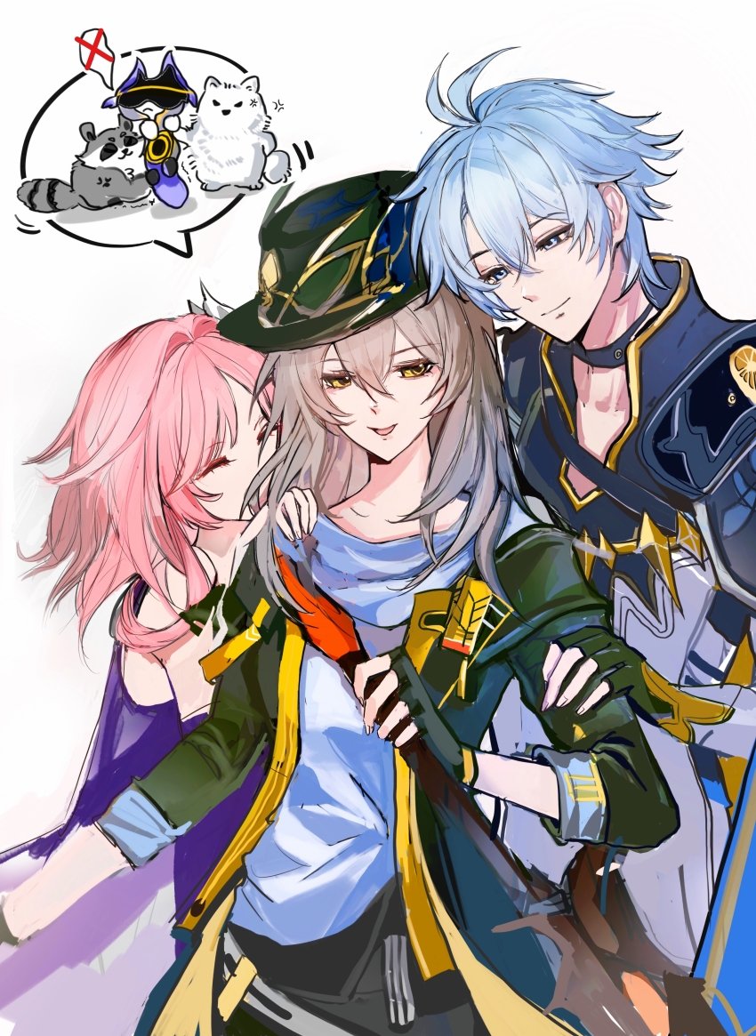 1boy 2girls absurdres ahoge animalization baioufeiguoxilahai black_coat black_gloves black_hat blue_eyes breasts chinese_commentary coat commentary_request cyrene_(honkai:_star_rail) dog fingerless_gloves gloves grey_hair hair_ornament hat highres holding holding_quill honkai:_star_rail honkai_(series) lygus_(honkai:_star_rail) medium_hair multiple_girls phainon_(honkai:_star_rail) pink_hair purple_coat quill raccoon shirt simple_background smile spoken_animal stelle_(honkai:_star_rail) trailblazer_(honkai:_star_rail) white_background white_hair white_shirt yellow_eyes