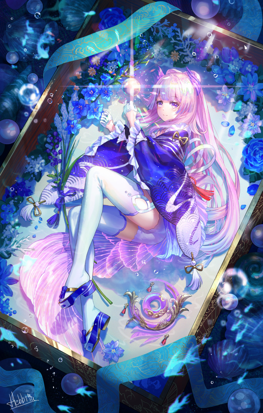 1girl blue_flower blue_footwear blue_hair blue_kimono blue_rose blue_sleeves blunt_ends bow-shaped_hair closed_mouth colored_tips eyelashes fins fish fish_tail flower flower_knot frilled_kimono frilled_sleeves frills full_body genshin_impact geta gloves glowing gold_ribbon half_gloves hebbtia highres japanese_clothes kimono long_hair long_sleeves looking_at_viewer lying multicolored_hair on_side picture_frame pink_tail ponytail purple_eyes ribbon rose sangonomiya_kokomi seashell shell short_kimono short_shorts shorts signature sleeve_ribbon smile solo speech_bubble tail tassel thighhighs underwater very_long_hair vision_(genshin_impact) white_gloves white_ribbon white_shorts white_thighhighs wide_sleeves