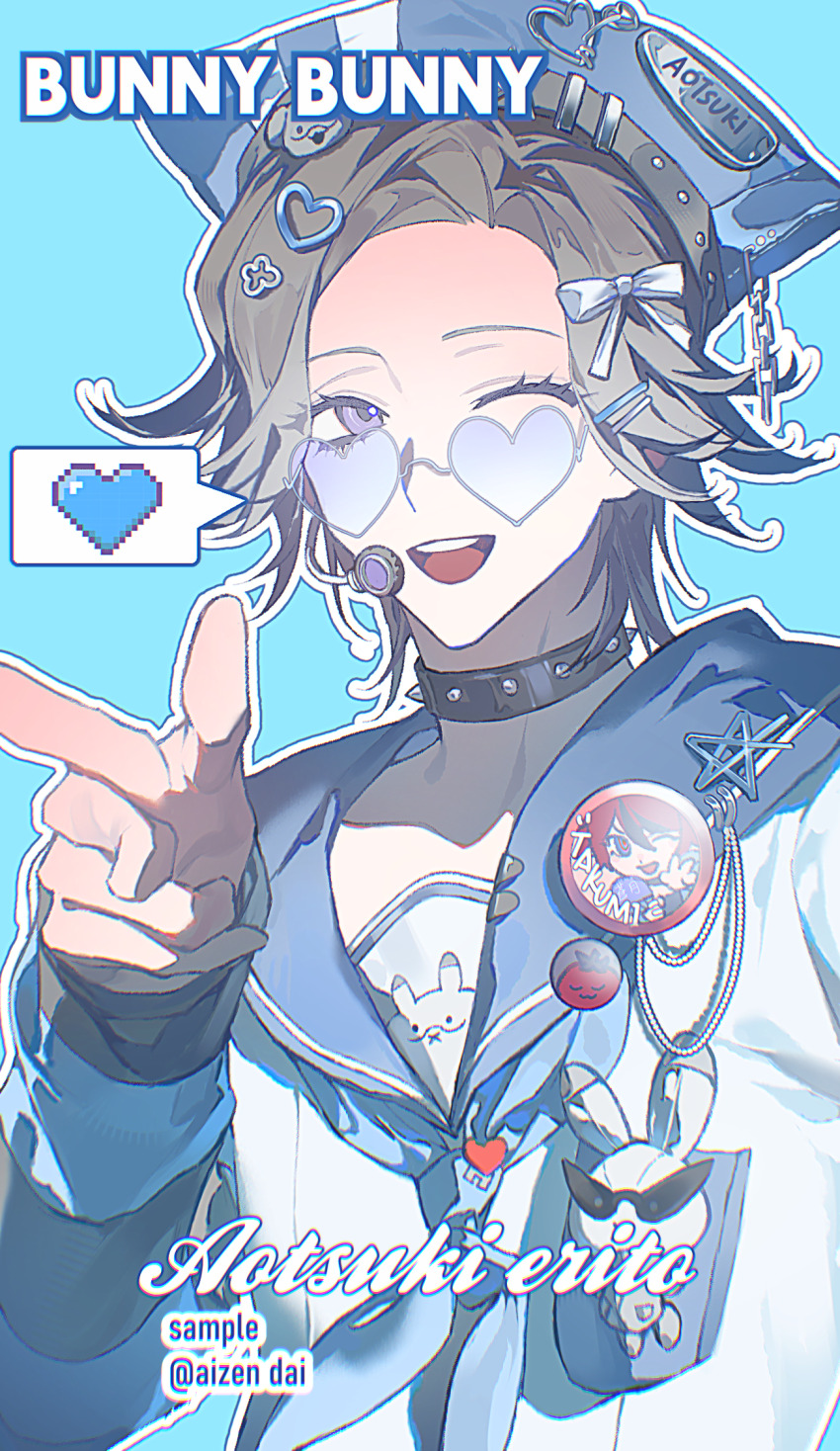 1boy :d aizendai aotsuki_eito blue_background blue_neckerchief blue_sailor_collar character_name character_pin chinese_commentary choker english_text finger_gun grey_hair hair_ornament hat heart heart-shaped_eyewear highres looking_at_viewer male_focus microphone neckerchief one_eye_closed open_mouth outline purple_eyes sailor_collar short_hair smile solo spiked_choker spikes spoken_heart sumino_takumi teeth the_hundred_line_-last_defense_academy- twitter_username upper_body upper_teeth_only white_outline