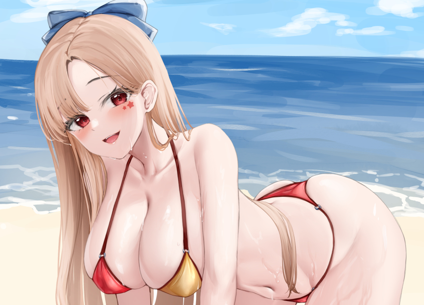 1girl ass bare_arms bare_shoulders beach benedia bent_over bikini blonde_hair bow breasts cleavage collarbone facial_mark hair_bow halterneck highres large_breasts long_hair looking_at_viewer multicolored_bikini navel o-ring o-ring_bikini open_mouth original outdoors parted_bangs red_bikini red_eyes smile solo star_(symbol) stomach string_bikini swimsuit two-tone_bikini very_long_hair water wet yellow_bikini
