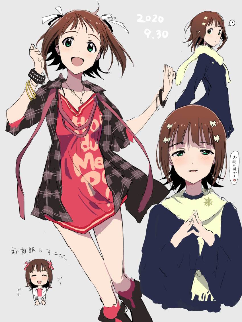 4girls amami_haruka ankle_boots black_boots black_jacket blue_coat blush boots bow bracelet breasts breath brown_hair chibi clenched_hands coat collarbone dated dot_nose dress green_eyes grey_background hair_bow hair_ribbon hands_up highres hitodama_(madatohi) idolmaster idolmaster_(classic) idolmaster_million_live! idolmaster_million_live!_theater_days jacket jewelry long_sleeves looking_at_viewer medium_breasts multiple_bracelets multiple_girls multiple_persona necklace open_clothes open_jacket open_mouth pink_socks print_dress red_dress revision ribbon scarf short_hair simple_background smile socks speech_bubble standing steepled_fingers text_print white_ribbon yellow_scarf