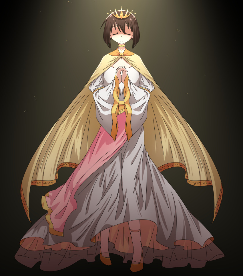 1girl alternate_costume azumanga_daiou bob_cut cape closed_eyes commentary crown dress english_commentary farhan_melukis full_body gradient_background highres kaori_(azumanga_daioh) long_dress own_hands_together pointed_crown short_hair solo white_dress wide_sleeves yellow_cape