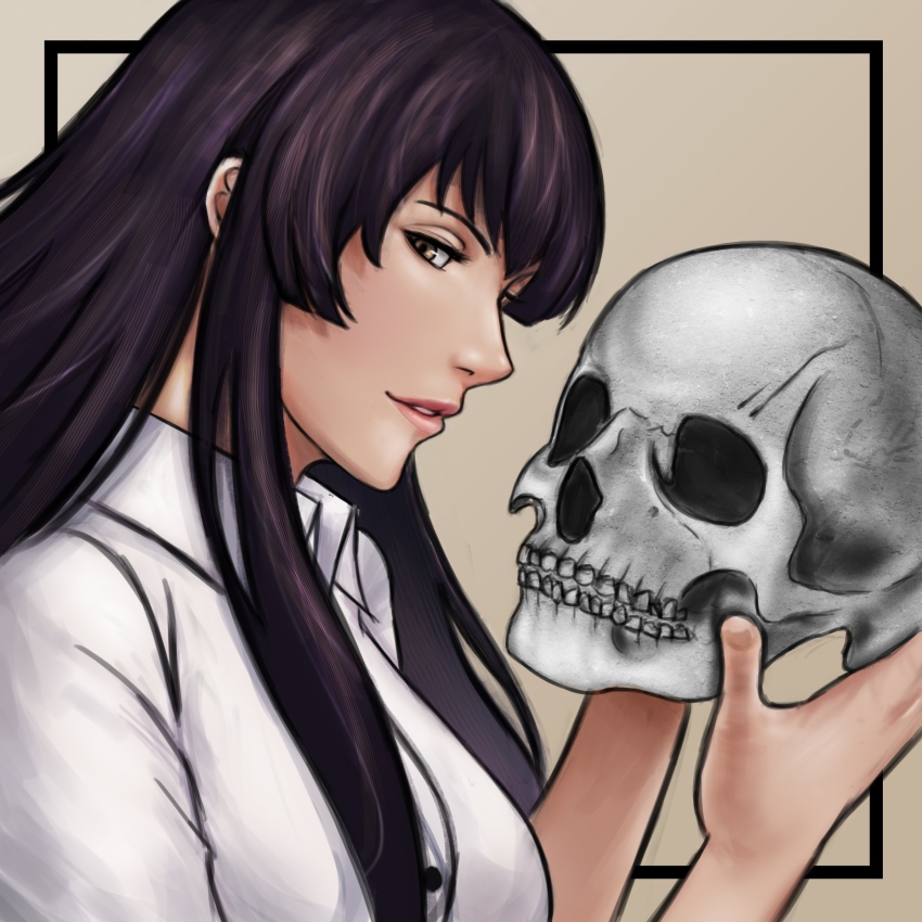 10s 1girl black_hair brown_eyes female_focus highres ikhwan_maulana kujou_sakurako_(sakurako) lips long_hair sakurako-san_no_ashimoto_ni_wa_shitai_ga_umatteiru skull smile solo
