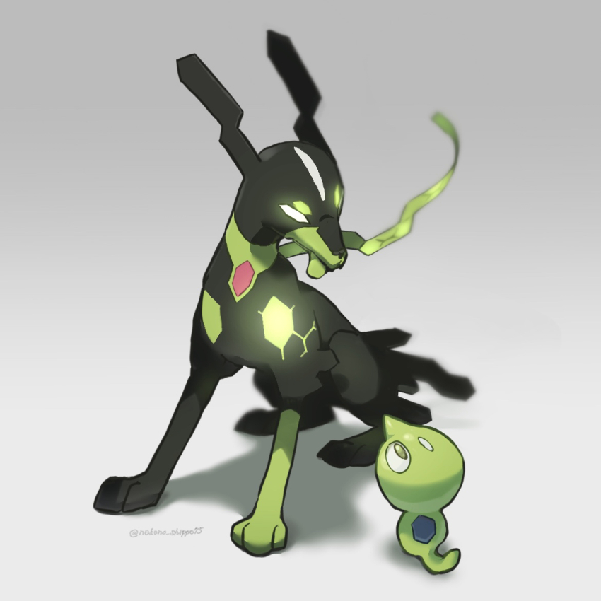 blank_eyes blurry commentary_request depth_of_field eye_contact gen_6_pokemon glowing glowing_eyes green_eyes grey_background legendary_pokemon looking_at_another nako_(nekono_shippo75) nintendo no_humans pokemon pokemon_(creature) twitter_username white_eyes zygarde zygarde_(10%) zygarde_cell