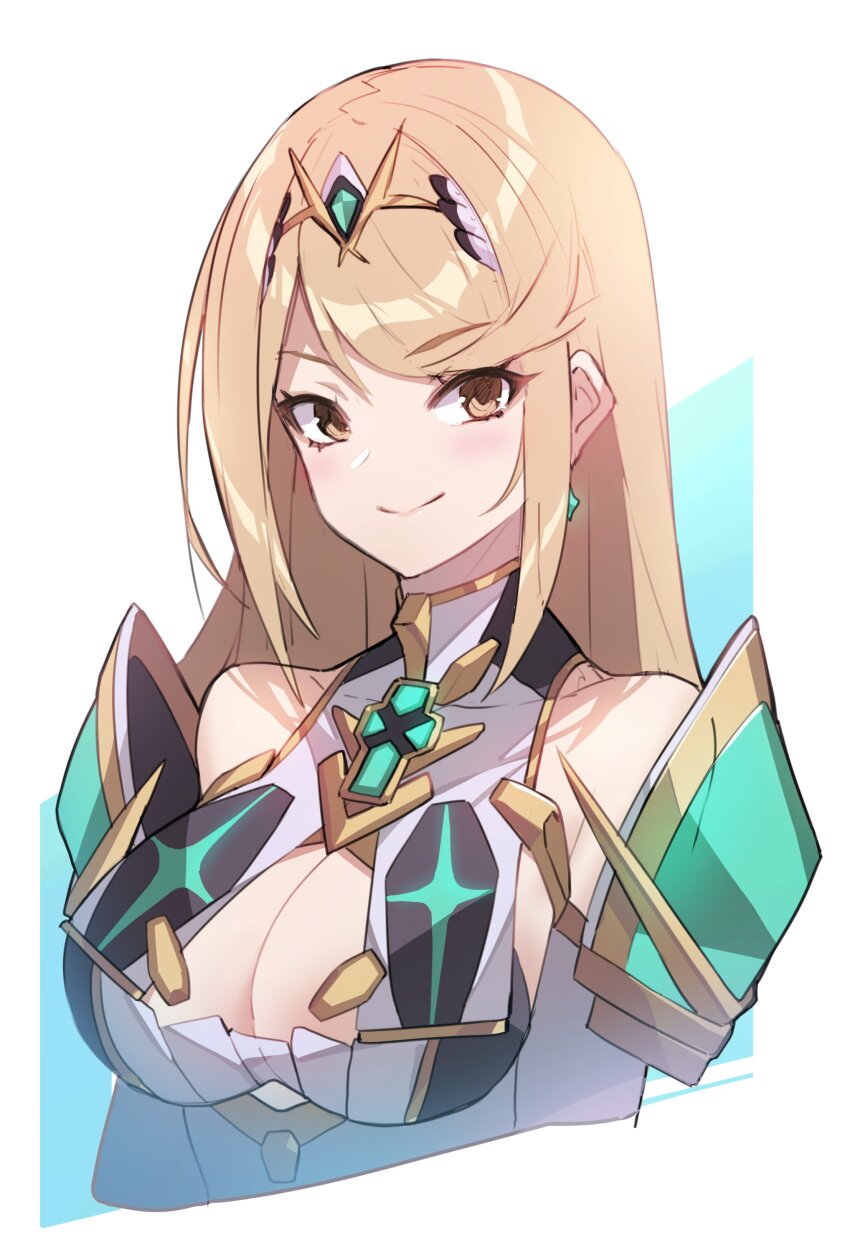 1girl absurdres bare_shoulders blonde_hair breasts cawang chest_jewel cleavage cleavage_cutout closed_mouth clothing_cutout commentary cropped_torso earrings highres jewelry large_breasts long_hair looking_at_viewer mythra_(xenoblade) smile solo swept_bangs symbol-only_commentary upper_body xenoblade_chronicles_(series) xenoblade_chronicles_2
