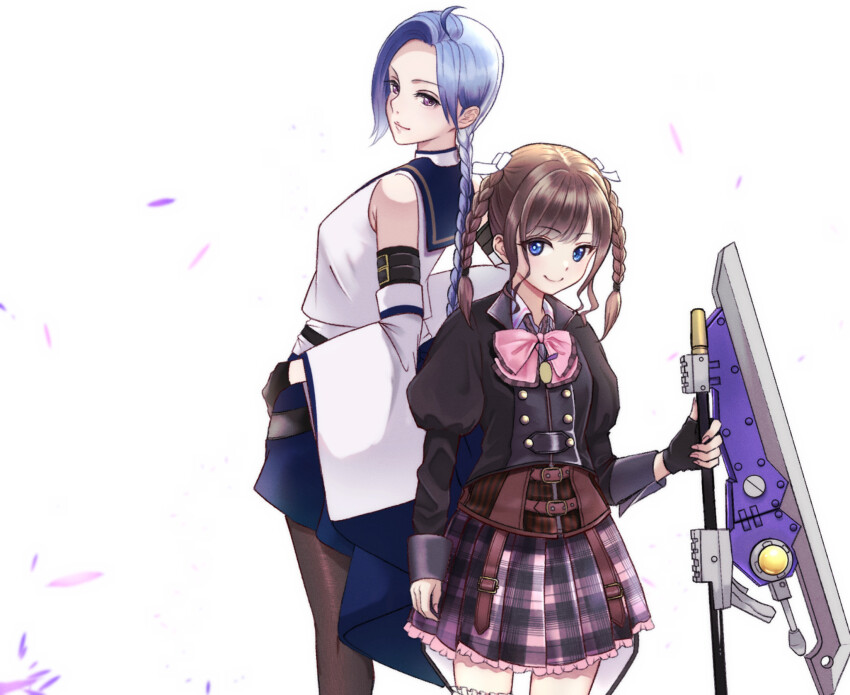 2girls ahoge arm_at_side arm_belt assault_lily back-to-back bare_shoulders belt belt_buckle black_belt black_gloves black_jacket blue_eyes blue_hair blue_sailor_collar blue_skirt bow bowtie braid braided_ponytail brown_belt brown_hair brown_pantyhose buckle buttons closed_mouth collared_shirt commentary_request corset cowboy_shot crop_top detached_sleeves falling_petals fingerless_gloves fingernails frilled_skirt frilled_thighhighs frills gloves hair_ribbon hand_on_own_hip hand_up height_difference highres holding holding_weapon igusa_subaru jacket jewelry juliet_sleeves kishimoto_lucia_raimu long_hair long_sleeves looking_at_viewer looking_back low_ponytail ludvico_private_girls&#039;_academy_school_uniform medium_hair miniskirt multiple_belts multiple_girls necklace odaiba_girls_high_school_uniform pantyhose parted_bangs pendant petals pink_bow pink_bowtie pink_skirt plaid_clothes plaid_skirt planted pleated_skirt ponytail puffy_sleeves purple_eyes ribbon ryokucha_(cha_22_7) sailor_collar school_uniform serafuku shirt single_braid single_glove skirt sleeveless sleeveless_shirt smile standing thighhighs twin_braids twintails undershirt weapon white_background white_ribbon white_shirt white_thighhighs wide_sleeves