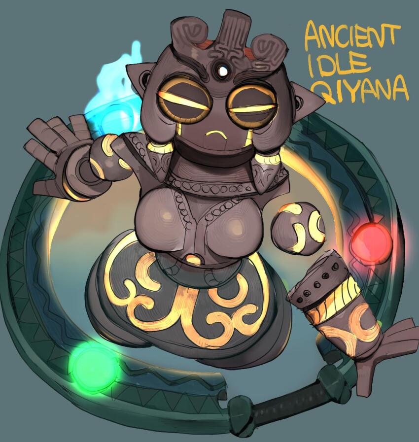 1girl blue_background breasts character_name closed_mouth colored_skin doguu frown golem grey_skin hoop jpeg_artifacts league_of_legends medium_breasts monster_girl qiyana_(league_of_legends) raichiyo rayman_limbs simple_background solo typo yellow_eyes