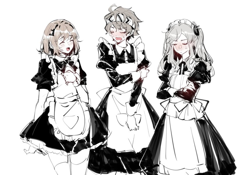 1boy 2girls ahoge alchemy_stars apron black_bow black_bowtie black_dress blonde_hair blush bow bowtie brown_hair carleen_(alchemy_stars) closed_eyes closed_mouth crossdressing crossed_arms dress embarrassed feet_out_of_frame frilled_dress frills full-face_blush hair_ornament hairband highres holding_own_arm jiu65757 juliet_sleeves long_sleeves maid maid_apron maid_headdress multiple_girls navigator_(alchemy_stars) partially_colored puffy_sleeves simple_background sleeves_rolled_up sweatdrop vice_(alchemy_stars) wavy_mouth white_apron white_background white_hair white_hairband