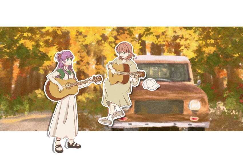 2girls :d aqua_eyes black_footwear brown_car brown_dress car cerise_bouquet closed_mouth crossed_bangs dress film_grain flower forest green_eyes green_shirt grey_footwear hair_bun hair_flower hair_ornament highres hinoshita_kaho hinoshita_kaho_(osanpo_nikki) letterboxed link!_like!_love_live! long_dress long_hair looking_at_another love_live! medium_hair motor_vehicle multiple_girls nature on_car open_mouth orange_hair otomune_kozue otomune_kozue_(osanpo_nikki) outdoors outline outside_border pinafore_dress purple_hair rabbit_hair_ornament rai_(kn51ll) red_flower sandals shirt shoes short_sleeves side_ponytail sidelocks single_side_bun sitting sleeveless sleeveless_dress smile socks standing tassel tassel_hair_ornament two_side_up virtual_youtuber white_dress white_outline white_socks