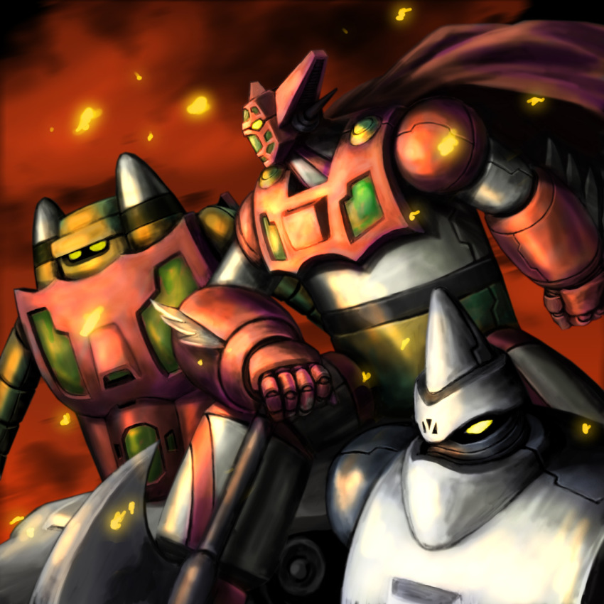 1970s_(style) aniki_gunsou arm_support axe cape embers getter-1 getter-2 getter-3 getter_robo getter_robo_(classic) highres mecha mecha_focus no_humans oldschool retro_artstyle robot smoke super_robot weapon