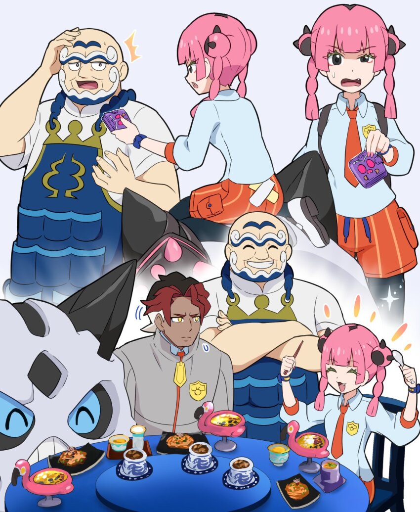1girl 2boys apron bald beard character_print collared_shirt coral_(pokemon) dark-skinned_male dark_skin eelektross eyelashes facial_hair fang flamigo gen_1_pokemon gen_3_pokemon gen_5_pokemon glalie hair_ornament highres jacket kofu_(pokemon) looking_at_viewer multicolored_hair multiple_boys naranja_academy_(emblem) naranja_academy_school_uniform necktie nintendo open_mouth orange_necktie orange_shorts pink_hair pokemoa pokemon pokemon_(anime) pokemon_horizons school_uniform shirt short_hair short_sleeves shorts sidian_(pokemon) smile striped_clothes striped_shorts twintails venonat white_shirt
