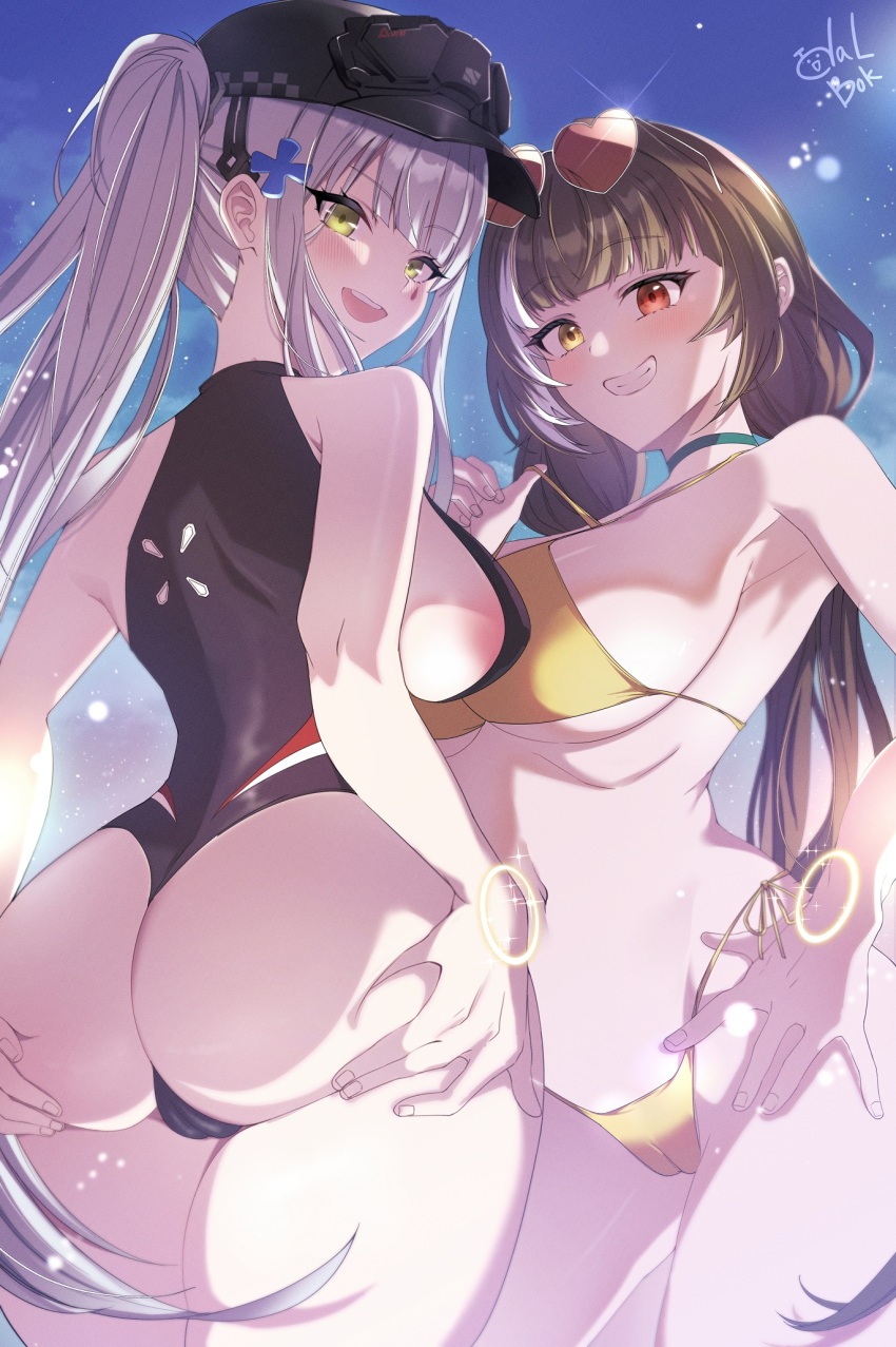 2girls areola_slip ass baseball_cap bikini blue_background breasts brown_hair cameltoe choker clenched_teeth commentary commission covenant_halo_(girls&#039;_frontline_2) cross_hair_ornament eyewear_on_head girls&#039;_frontline girls&#039;_frontline_2:_exilium grabbing_own_ass green_choker green_eyes hair_ornament hat heart heart-shaped_eyewear heterochromia highres hk416_(girls&#039;_frontline) klukai_(girls&#039;_frontline_2) large_breasts long_hair looking_at_viewer multicolored_hair multiple_girls open_mouth ponytail red_eyes ro635_(girls&#039;_frontline) robella_(girls&#039;_frontline_2) side-tie_bikini_bottom smile streaked_hair sunglasses swimsuit tattoo teardrop_facial_mark teardrop_tattoo teeth todalbok106 two-tone_hair white_hair yellow_bikini yellow_eyes