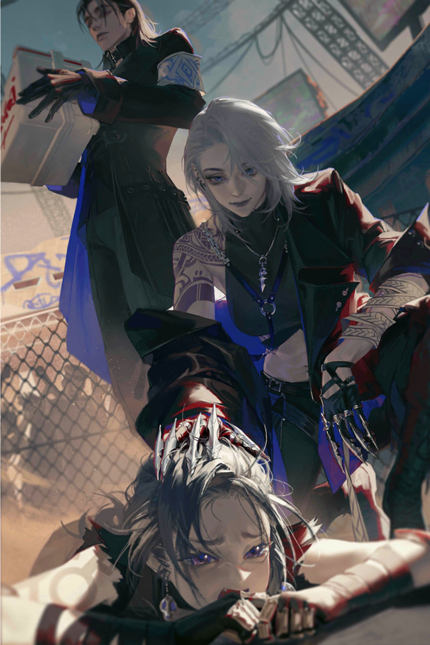 1boy 2girls arm_tattoo artist_request bandaged_arm bandages belt black_belt black_coat black_gloves black_hair black_jacket black_pants black_shirt blurry blurry_background box chain-link_fence claw_ring claws coat crop_top dutch_angle ear_piercing earclip earl_(path_to_nowhere) earrings fake_claws fence gloves grey_hair grey_lips hair_behind_ear hand_on_another&#039;s_head high_collar highres holding holding_box horo_(path_to_nowhere) jacket jewelry lapels lying medium_hair messy_hair multiple_girls multiple_necklaces navel navel_piercing necklace official_art on_one_knee on_stomach outdoors pants path_to_nowhere piercing power_lines shirt shoulder_tattoo single_bare_shoulder smile squatting standing sword_necklace tattoo tribal_tattoo turtleneck turtleneck_shirt upswept_hair zoya_(path_to_nowhere)