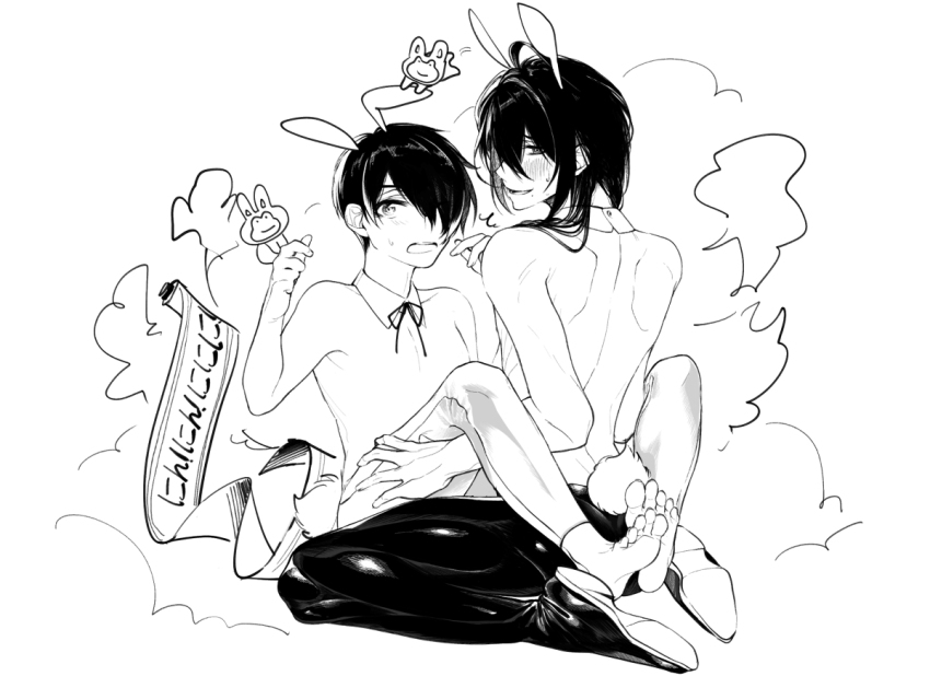 2boys animal_ears ayase_mayoi barefoot blush ensemble_stars! feet flustered frog greyscale hands_on_another&#039;s_thighs hotdog_nopickle large_hands male_playboy_bunny monochrome multiple_boys rabbit_ears scroll sengoku_shinobu sitting sitting_on_lap sitting_on_person sketch sweat yaoi