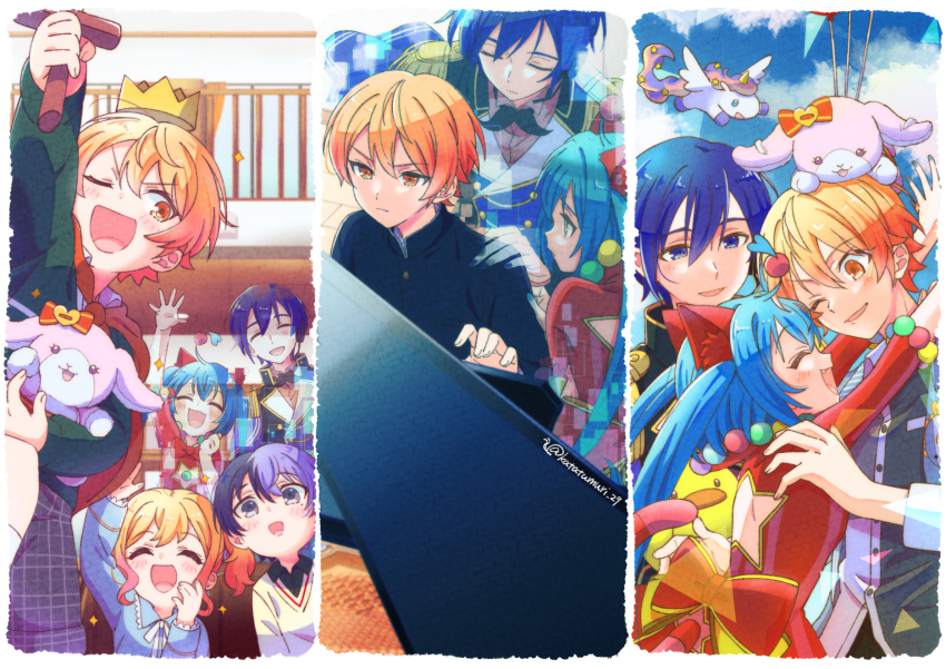 2girls 3boys aged_down ahoge aoyagi_touya arm_up arms_around_neck back_bow back_cutout balloon black_hair black_shirt blonde_hair blue_capelet blue_eyes blue_hair blue_pajamas blue_sky border bow brother_and_sister buttons cape capelet child clothing_cutout cloud cloudy_sky colored_tips couch crown day double-breasted dress dress_shirt fangs fingernails frilled_shirt_collar frills fringe_trim gakuran gold_trim gradient_hair green_sweater grey_eyes grey_shorts hair_between_eyes hair_ornament hand_on_another&#039;s_shoulder hand_on_own_cheek hand_on_own_face hands_on_another&#039;s_shoulders happy hatsune_miku heart heart_ahoge height_difference high_collar highres holding holding_sword holding_weapon incoming_hug instrument kaito_(vocaloid) katatumuri_29 lapels laughing light_blue_hair light_blush living_room looking_at_another looking_back mole mole_under_eye multicolored_hair multiple_boys multiple_girls music neck_ribbon notched_lapels one_eye_closed outdoors pajamas paper_crown peeking piano pink_shirt plaid_clothes plaid_shorts playing_instrument playing_piano pom_pom_(clothes) pom_pom_hair_ornament project_sekai railing red_cape red_dress red_hair ribbon sad school_uniform shirt short_sleeves shorts siblings side-by-side sidelocks sideways_glance single_diagonal_stripe sitting sky split-color_hair star_cutout striped_clothes striped_dress stuffed_animal stuffed_bunny_(project_sekai) stuffed_rabbit stuffed_toy stuffed_unicorn sweater sword tenma_saki tenma_tsukasa toggles tsurime twintails twitter_username v-shaped_eyebrows vertical-striped_clothes vertical-striped_dress vocaloid wavy_hair weapon white_border white_ribbon white_sweater wonderlands_x_showtime_(project_sekai) wonderlands_x_showtime_kaito wonderlands_x_showtime_miku wooden_sword yellow_eyes