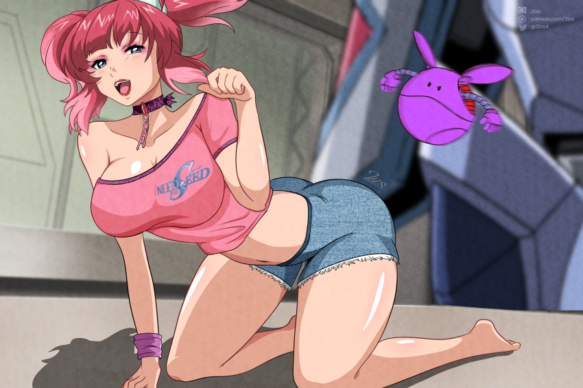 2bls absurdres agnes_giebenrath all_fours ass bad_haro barefoot blue_eyes breasts chain choker collarbone commentary cropped_shirt english_commentary eyeshadow floating_hair gundam gundam_00 gundam_seed gundam_seed_freedom gyan_strom highres large_breasts logo_parody looking_at_viewer makeup mecha medium_hair midriff mixed-language_commentary mobile_suit navel need_for_speed open_mouth parody patreon_logo patreon_username paw_pose pink_eyeshadow pink_shirt pixiv_logo pixiv_username pun purple_choker red_hair red_lips robot shirt single_sleeve title_parody twitter_logo twitter_username