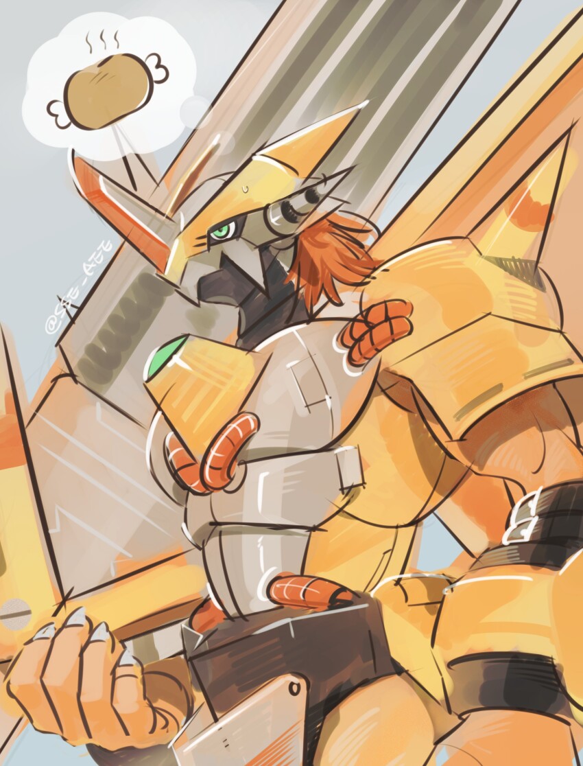 absurdres armor crotch_plate digimon digimon_(creature) dragon food green_eyes helmet highres holding holding_sword holding_weapon horns hungry meat muscular muscular_male orange_armor red_hair short_hair shoulder_armor speech_bubble spikes sse_aee sword thought_bubble twitter_username victorygreymon weapon