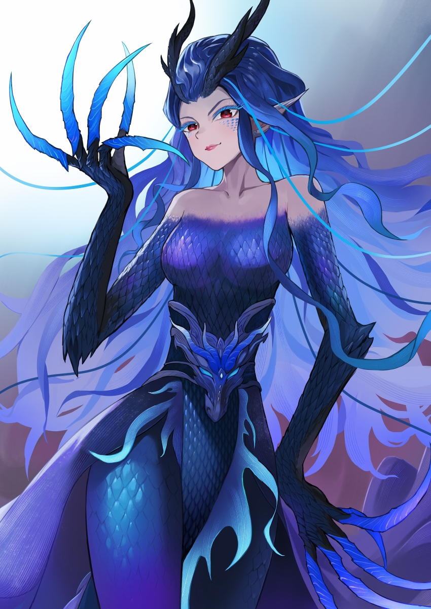 1girl absurdres ao_run_(nezha_zhi_motong_jiangshi) aqua_claws blue_background blue_dress blue_gloves blue_hair blue_scales breasts claws cowboy_shot dragon_girl dragon_horns dress eastern_dragon_horns elbow_gloves gloves gradient_background highres horns large_breasts long_hair looking_at_viewer nezha_zhi_motong_jiangshi pingfan_de_mao purple_background red_eyes red_lips solo very_long_claws very_long_hair white_background