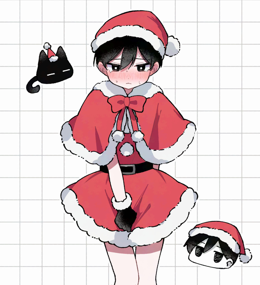 2boys alternate_costume black_eyes black_gloves black_hair blush bow bright_pupils cat chibi closed_mouth colored_skin gloves hat highres kiimorisame looking_at_viewer male_focus mewo multiple_boys omori omori_(omori) red_bow red_hat santa_costume santa_hat short_hair sunny_(omori) sweat white_pupils white_skin