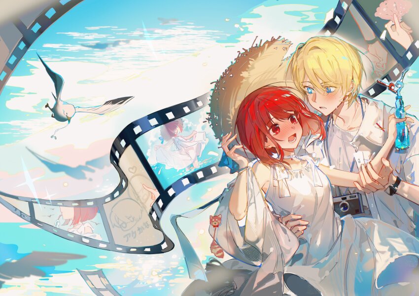1boy 1girl absurdres arima_kana arm_around_waist bare_shoulders bird blonde_hair blue_eyes blush bottle camera camera_around_neck choker collared_jacket commentary_request crazy_straw dress drinking drinking_straw eye_contact film_reel film_strip hair_between_eyes hand_on_another&#039;s_arm hands_up hat heart_straw hetero highres holding holding_bottle holding_hands hoshino_aquamarine humi_humi jacket jewelry looking_at_another lower_teeth_only necklace open_clothes open_jacket open_mouth oshi_no_ko parted_lips red_eyes red_hair seagull shirt short_hair sleeveless sleeveless_dress star-shaped_pupils star_(symbol) star_in_eye straw_hat symbol-shaped_pupils symbol_in_eye teeth translation_request wading watch water white_choker white_dress white_jacket white_shirt wristwatch