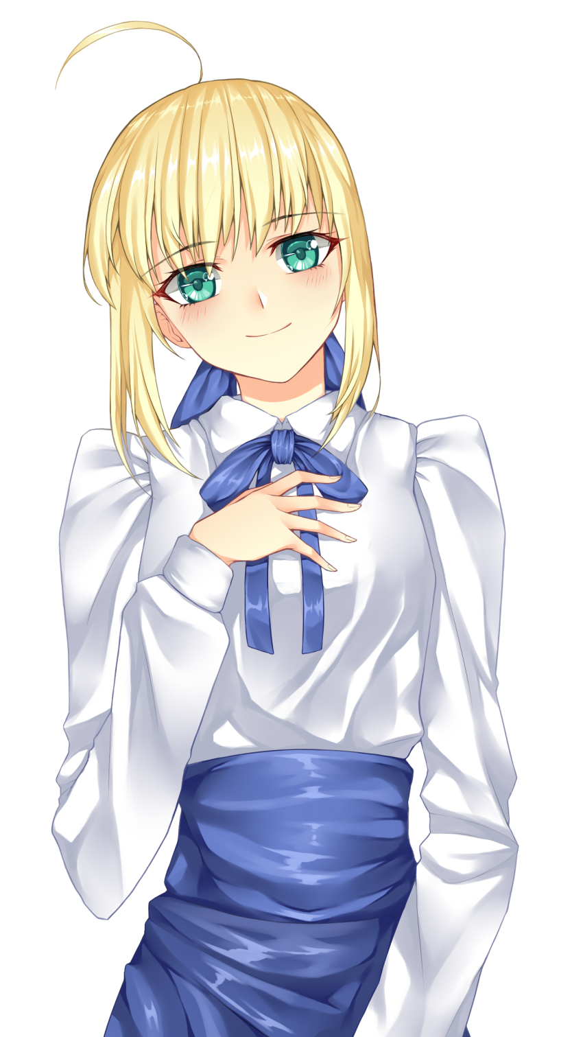 1girl absurdres artoria_pendragon_(fate) blonde_hair blush fate/stay_night fate_(series) green_eyes head_tilt high-waist_skirt highres neck_ribbon ribbon ruo_zhishi_chu_jian saber_(fate) shirt simple_background skirt smile white_background white_shirt