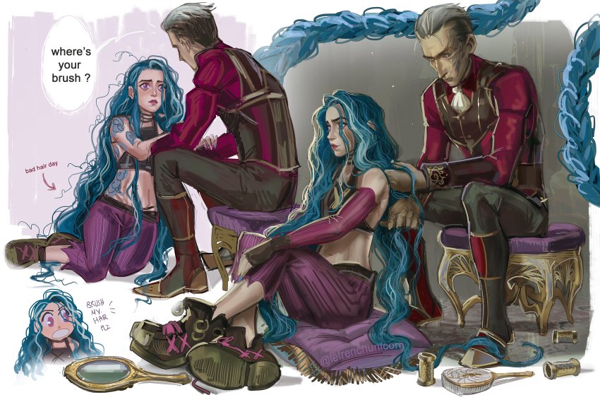 1boy 1girl absurdres alternate_hairstyle arcane:_league_of_legends arcane_jinx ascot bare_shoulders boots brown_gloves brown_pants brushing_another&#039;s_hair brushing_hair closed_mouth detached_sleeves english_text father_and_daughter fingerless_gloves french-unicorn from_side gloves green_hair grey_background highres jinx_(league_of_legends) knee_boots league_of_legends long_hair long_sleeves messy_hair midriff mirror open_mouth pants pink_pants red_lips red_shirt scar scar_across_eye scar_on_face shirt shoes shoulder_tattoo silco_(arcane) sitting smile speech_bubble stomach striped_clothes striped_pants striped_sleeves tattoo