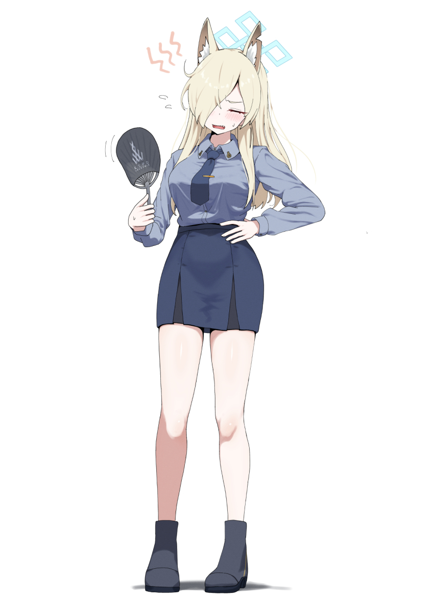 1girl animal_ear_fluff animal_ears black_boots blonde_hair blue_archive blue_halo blue_necktie blue_shirt blue_skirt blush boots closed_eyes collared_shirt dog_ears full_body hair_over_one_eye halo hand_fan hand_on_own_hip highres holding holding_fan hot kanna_(blue_archive) long_hair long_sleeves necktie open_mouth shirt simple_background skirt solo standing unamaso white_background