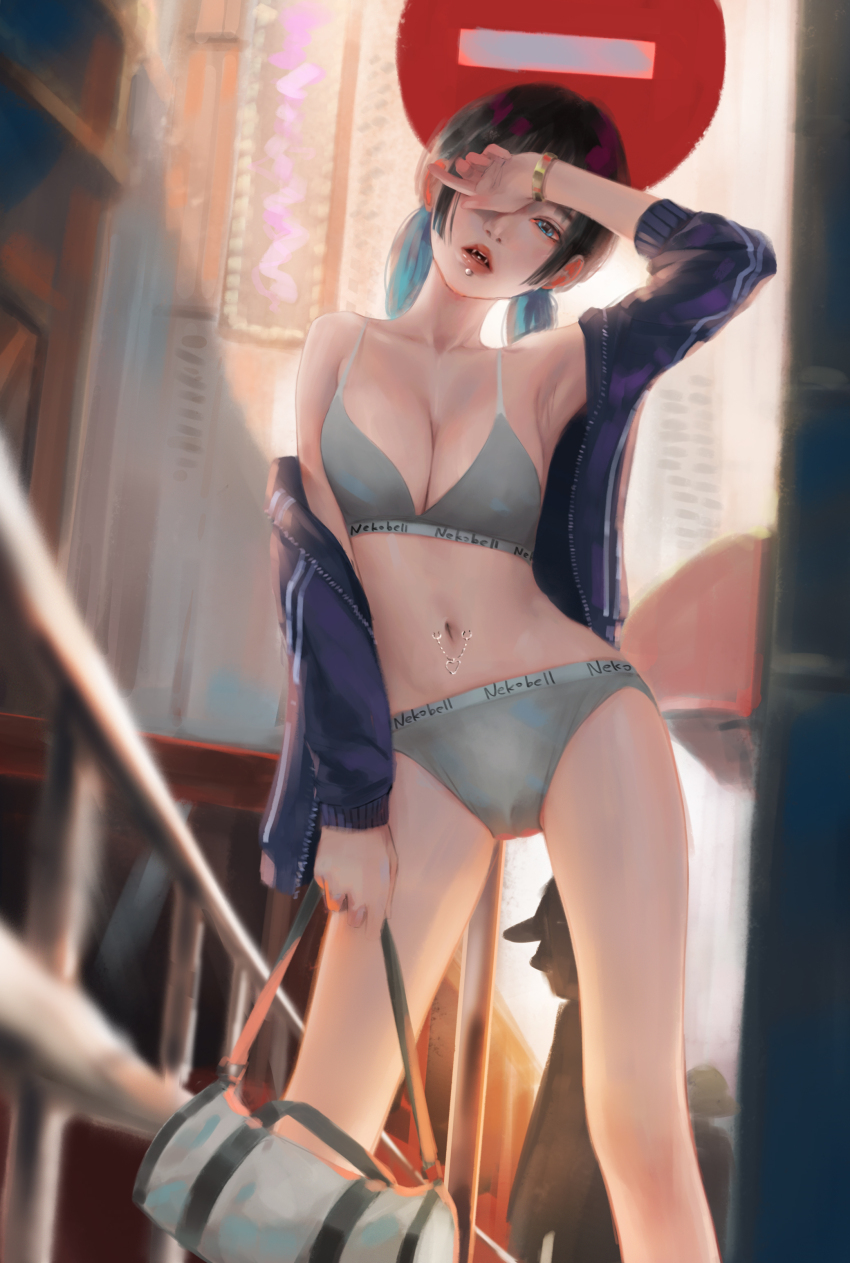 1girl 1other absurdres aqua_hair arm_at_side armpits awning bag black_hair blue_eyes blue_jacket bra breasts building cityscape cleavage clothes_writing collarbone commentary_request day duffel_bag face_piercing grey_bag grey_bra grey_panties hand_over_eye hand_up head_tilt heart highres holding holding_bag jacket large_breasts legs_apart lip_piercing long_hair looking_at_viewer multicolored_hair navel_piercing nekobell no_entry_sign no_pants one_eye_covered original outdoors panties parted_lips piercing public_indecency railing red_lips road_sign sign silhouette skyscraper solo_focus standing tongue tongue_piercing track_jacket twintails underwear underwear_writing unzipped