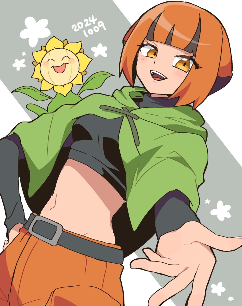 1girl 2024 absurdres belt black_hair cargo_shorts dated dutch_angle gardenia_(pokemon) gen_2_pokemon grey_background groin hand_on_own_hip highres looking_at_viewer multicolored_hair navel nintendo nojima_minami open_mouth orange_hair outstretched_hand pokemon pokemon_dppt poncho short_hair shorts smile solo sunflora two-tone_hair undershirt yellow_eyes